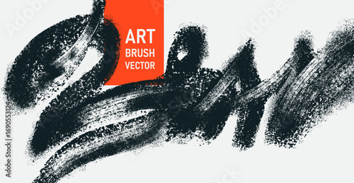 Grainy textured black grunge brush stroke with spray effect. Art bold vintage zigzag line, rough distressed hand drawn banner, thick painted texture background. Isolated vector artistic bold strokes.