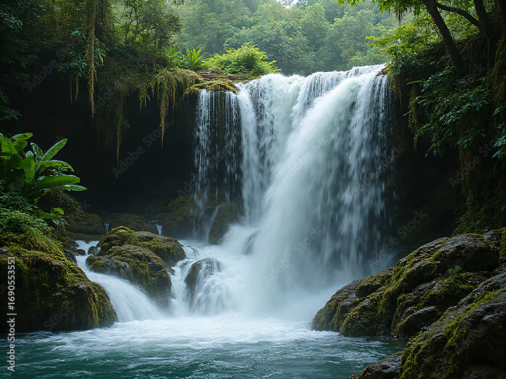 Fototapeta premium Waterfall over mossy rocks in jungle