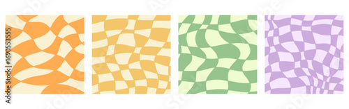 Distorted wavy checkered patterns background set