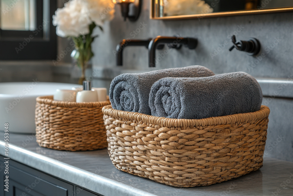 Obraz premium baskets with towels on bathroom counter.