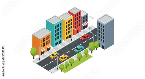 Isometric City Street with Buildings and Cars