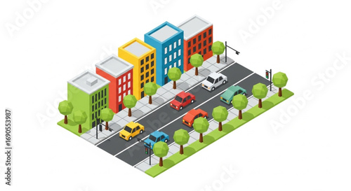 Isometric City Street with Buildings and Cars