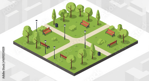 Isometric City Park with Trees and Benches
