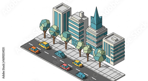 Isometric City Street with Buildings and Cars