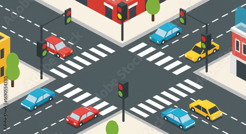 Isometric Intersection with Traffic Lights and Cars