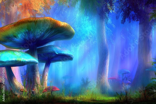 Fototapeta Naklejka Na Ścianę i Meble -  Enchanted forest with giant, colorful mushrooms