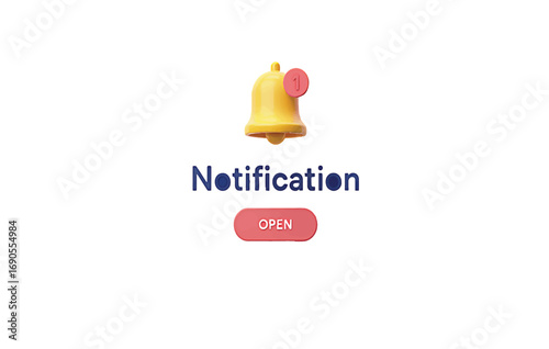 A vibrant 3D illustration of a yellow alert bell with a notification bubble and an interactive open button, isolated on a simple white background for modern UI design