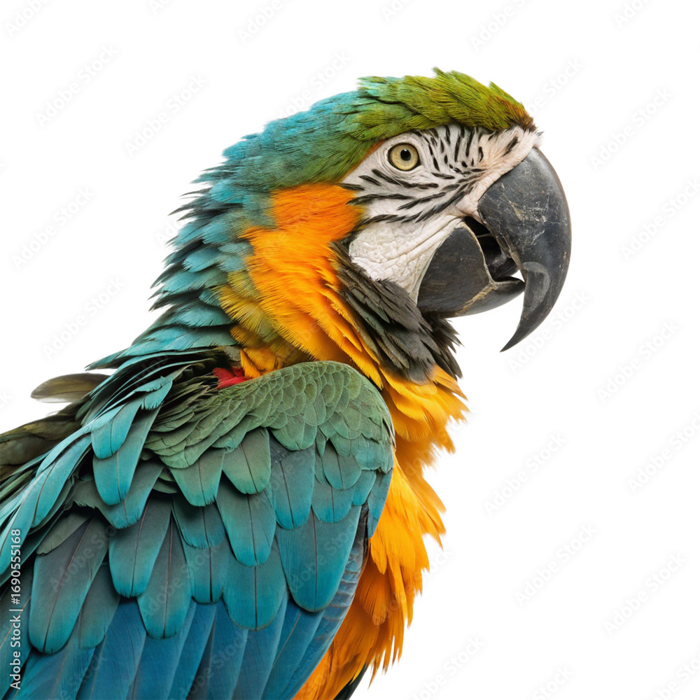 Obraz premium Vibrant macaw parrot with striking blue, green, and yellow plumage captures attention with its detailed feathers. 