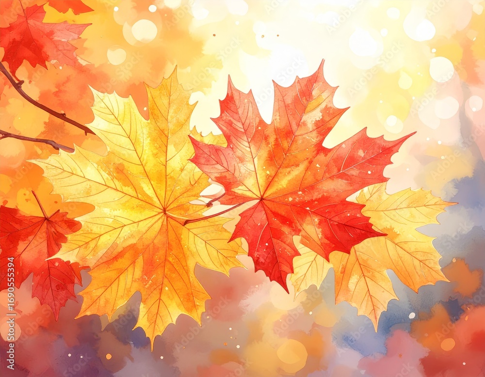 Obraz premium abstract vector illustration of red and yellow maple leaves with soft focus light and bokeh background