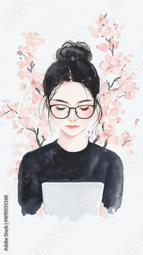 Watercolor portrait woman glasses laptop cherry blossom pink floral spring serene focus as calm woman with glasses works laptop among soft cherry
