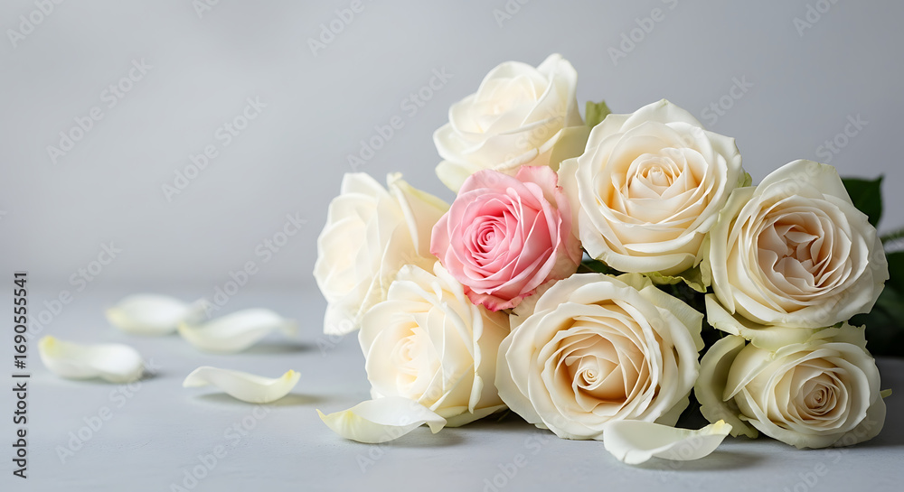 Obraz premium Elegant White Rose Bouquet with Scattered Petals on Light Background for Wedding Décor, Sympathy Arrangements, and Floral Photography, 8K image 
