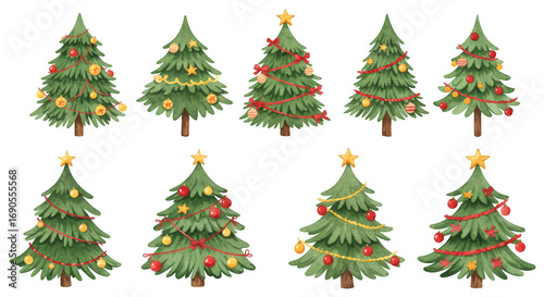 watercolor set of Christmas trees on transparent background