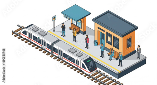 Isometric Train Station with Platform and Tracks