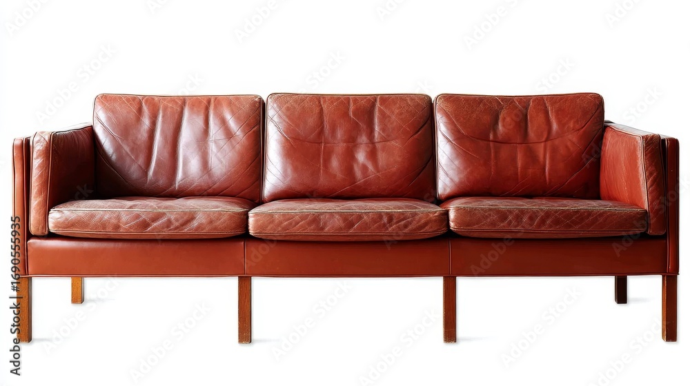 Fototapeta premium Elegant deep caramel leather sofa with sleek wooden legs, side view, full shot against bright white background, emphasizing sophisticated textures and modern design with ample copy space