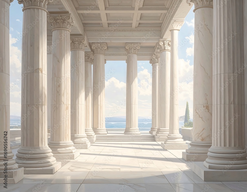 Fototapeta premium Ancient colonnaded hall with sea view