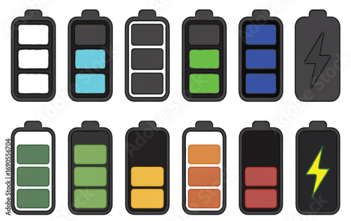 A comprehensive set of colorful battery charge level indicator icons isolated on a white background. Vector graphic collection