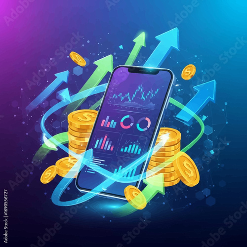 Smartphone displaying upward trending graphs and gold coins.