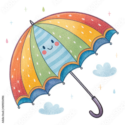 Cartoon style rainbow umbrella on transparent background for children’s illustrations, rainy season posters, educational materials and fun stickers