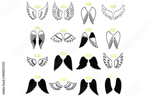 Diverse Collection of Angel Wings and Halos A Symbol of Divine Grace and Protection, Presented in Various Artistic Styles
