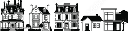 Five house silhouettes showcasing Victorian, traditional, and modern architecture — residential vector illustration for design, construction, and urban planning themes