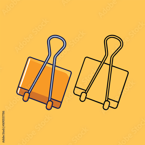 Vector art of two binder clips, one colored and one outline, on a yellow background