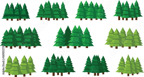 Set of 12 evergreen tree groups — stylized cartoon silhouette vector with varied shapes and shades for nature, forest, and design themes