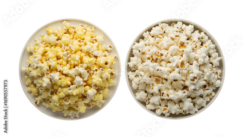 Two bowls of popcorn, one yellow and one white, isolated on white background