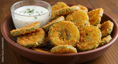 A bowl of fried pickle chips with a creamy dipping sauce on a wooden surface ready to be enjoyed
