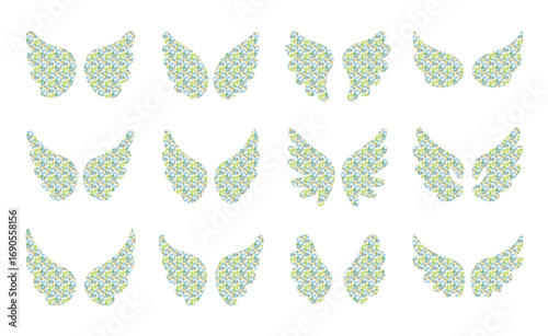 Collection of Stylized Angel Wings in Various Designs, Featuring Geometric Patterns and Soft Color Palettes for Graphic Projects