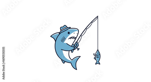 Whimsical Paradox A Dapper Cartoon Shark in a Fedora Ironically Fishing for a Tiny Fish