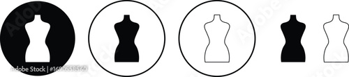 Black mannequin dress form icon set, tailoring dummy vector collection and fashion design tool group style, includes sewing torso, clothing display, garment stand