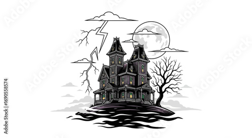 Spooky Haunted House Illustration with Lightning Moon and Tree