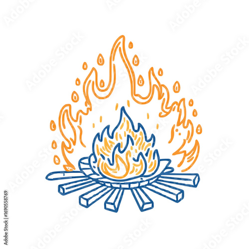 Campfire illustration, line art, orange and blue, warmth and glow -