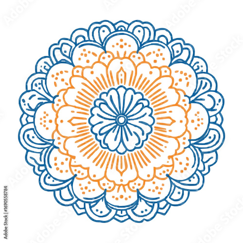 Flower icon, mandala style, blue and orange, decorative symmetry -