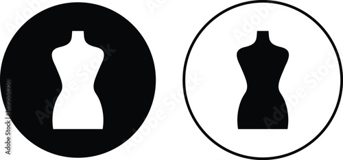 Black mannequin dress form icon set, tailoring dummy vector collection and fashion design tool group style, includes sewing torso, clothing display, garment stand