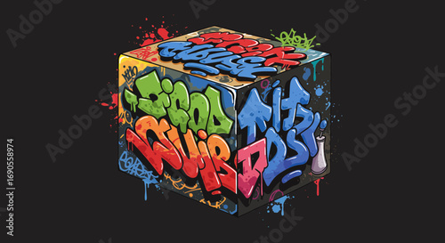 Vibrant Graffiti Art on a Cube with Dynamic Typography and Splatter Effects