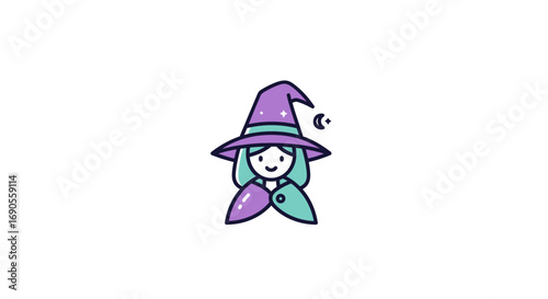 Cute Cartoon Witch with Crescent Moon and Star Detail Isolated on White