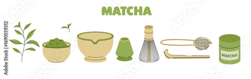 Matcha tea set with bowl, whisk, scoop, and powder. Matcha ceremony tools. Vector flat illustration of tea preparation.