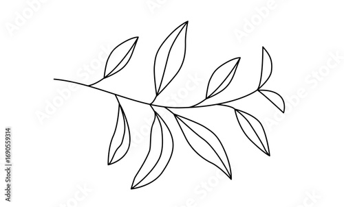 Branch with green tea leaves outline drawing. Black and white vector illustration isolated on white background.