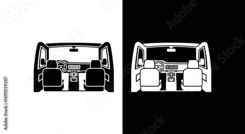 Modern car interior illustration with open doors in black and white