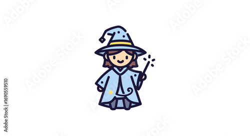 Charming Little Witch Cute Cartoon Illustration of a Smiling Girl in a Blue Robe and Pointed Hat Holding a Magic Wand