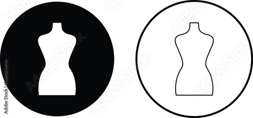 Black mannequin dress form icon set, tailoring dummy vector collection and fashion design tool group style, includes sewing torso, clothing display, garment stand