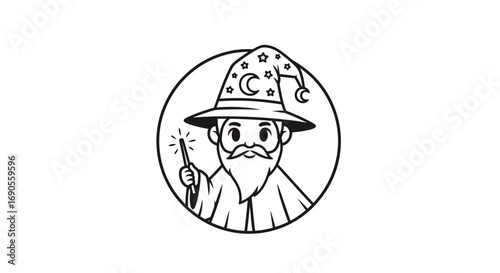 Charming Cartoon Wizard with Sparkling Wand and Celestial Hat in Minimalist Circle Icon