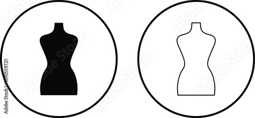 Black mannequin dress form icon set, tailoring dummy vector collection and fashion design tool group style, includes sewing torso, clothing display, garment stand