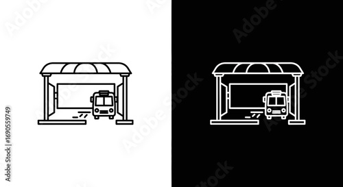 Minimalist bus arriving at station, transportation line art on black and white