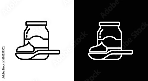 Elegant outline icon of delicious dip in jar with spoon for food concepts