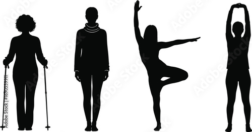 Silhouettes of people doing yoga, stretching, Nordic walking, and standing poses, black vector icons on white background for fitness themes