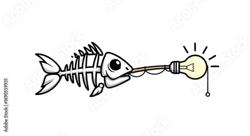 Cartoon Fish Skeleton Hooks a Bright Idea with a Glowing Light Bulb Bait
