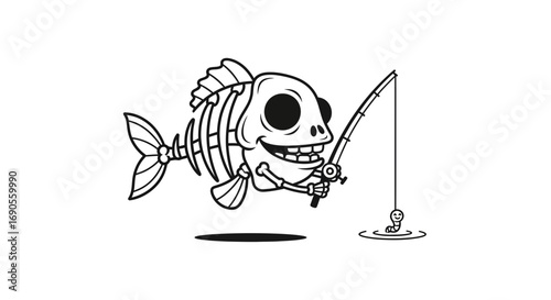 Cartoon Fish Skeleton Angler with Worm Bait Black and White Illustration