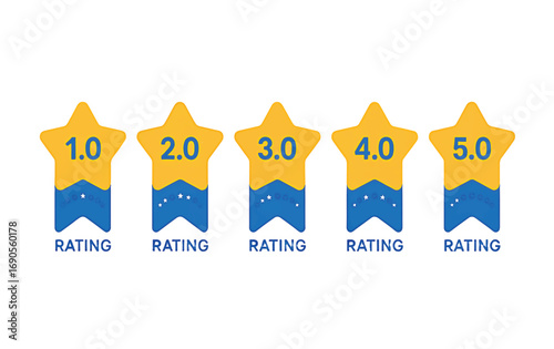 Five illustrated star rating icons displaying different numerical values from 1.0 to 5.0, perfect for feedback and review systems